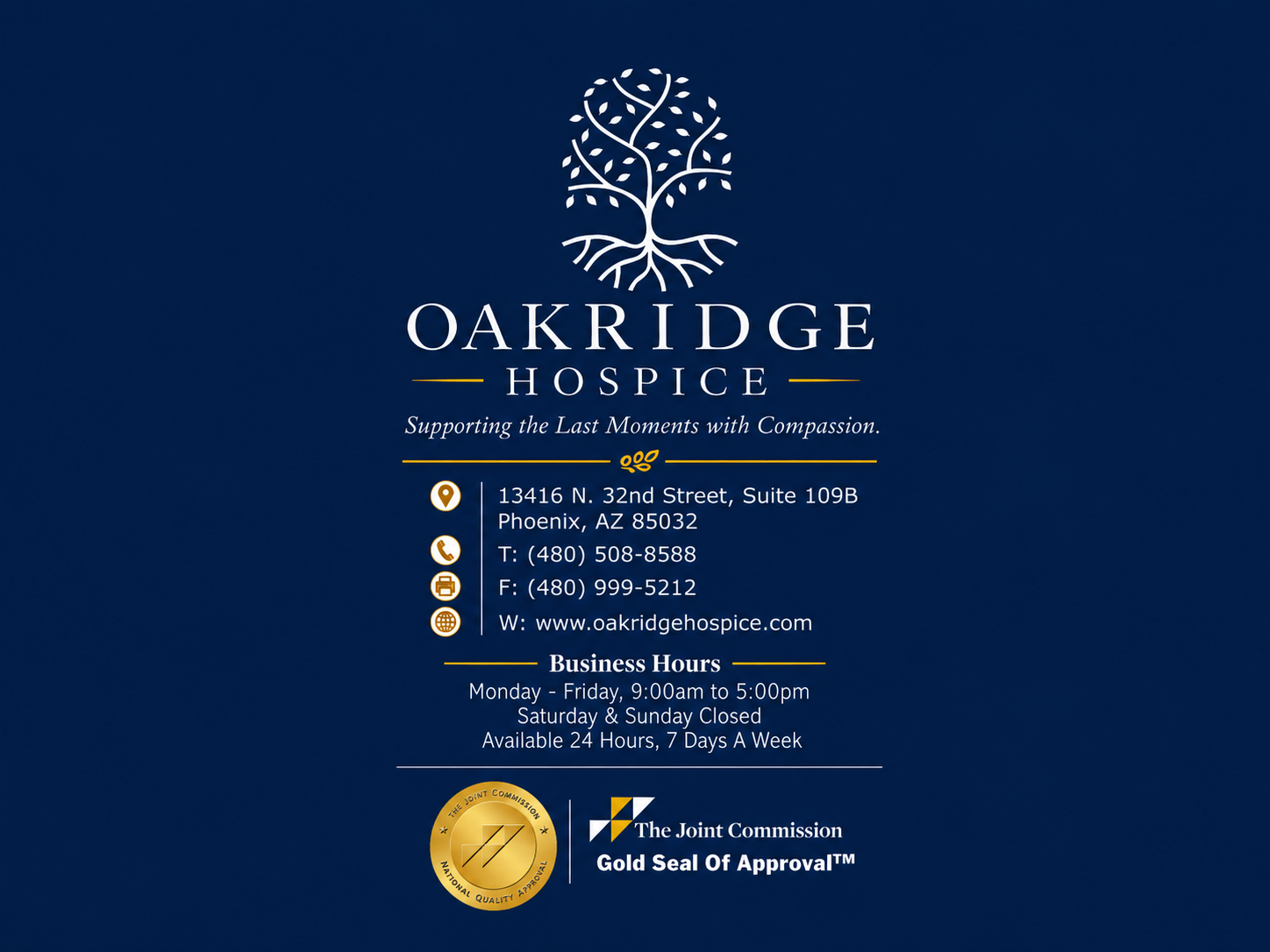 Oakridge Hospice contact information and The Joint Commission Gold Seal of Approval